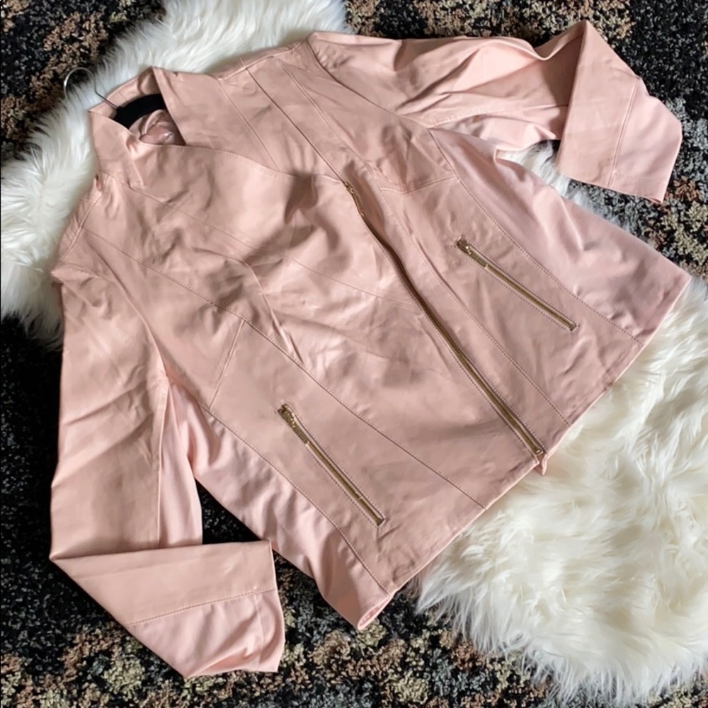 IMAN Pale Blush Leather Moto Jacket with Gold Zippers
